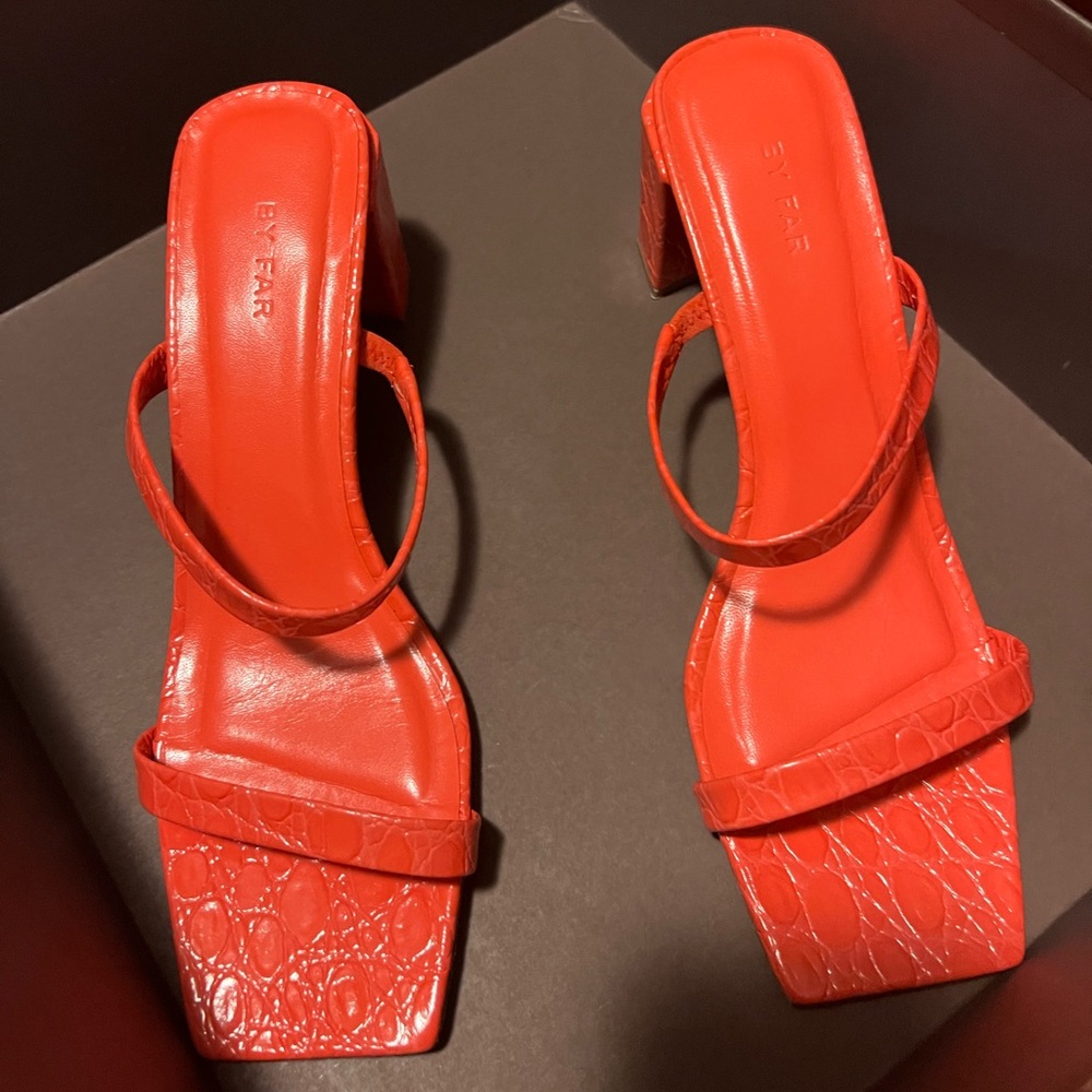 BY FAR coral heels